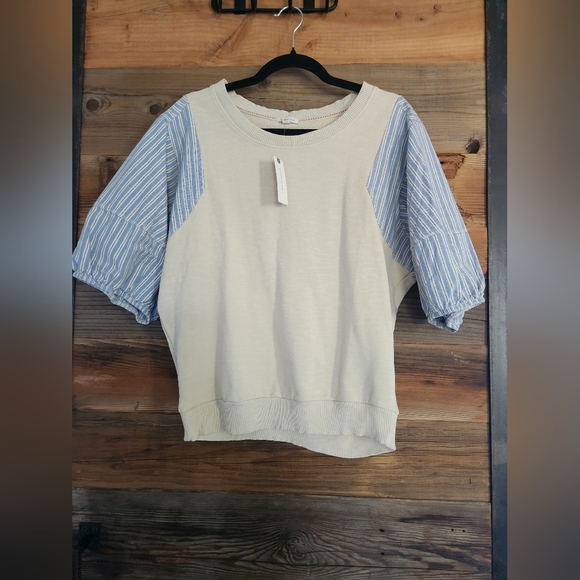 NWT Pilcro Woven Crewneck Puff-Sleeve Top in Beige and Blue Stripe Size L - Picture 8 of 8